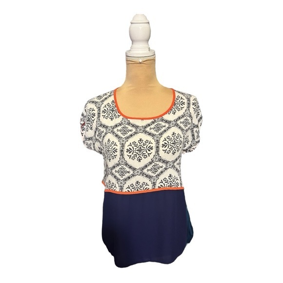THML Tops - THML Womens Navy bottom Orange Trim Navy print on White Dolman Boho Medi…